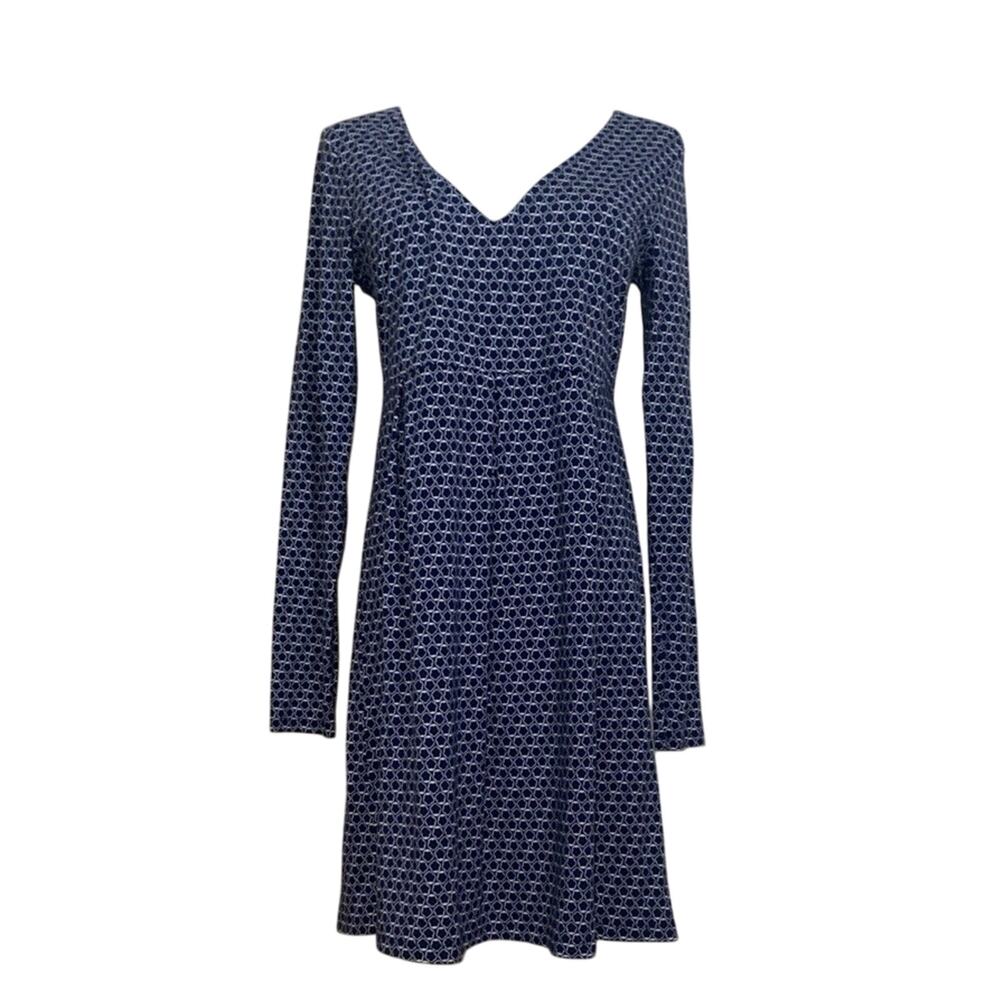 Boden US 10R Navy White Geo Floral Empire Waist Dress Jersey Knit Stretch